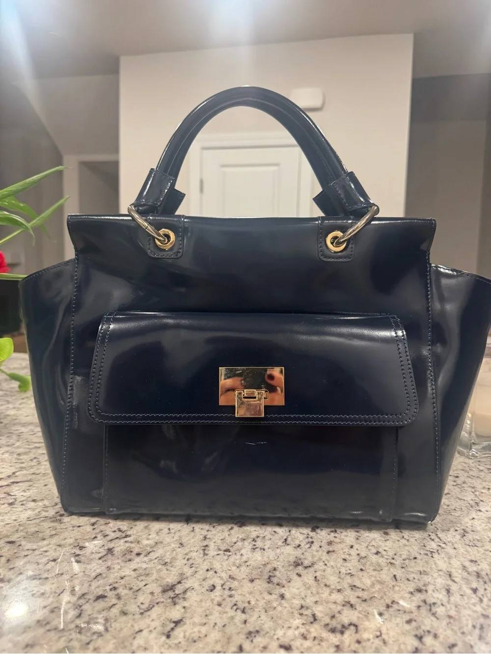 Italian Navy Blue Patent Leather Satchel Handbag with Gold Hardware